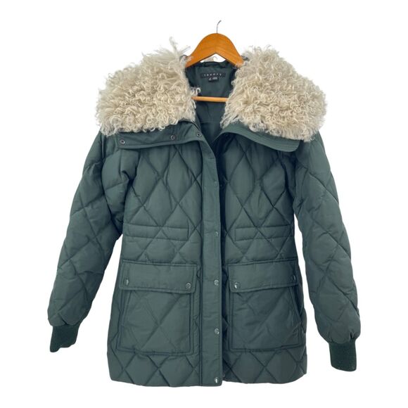 Theory Jacket Quilted Down Puffer Lamb Fur Trim Forest Green Size S - Picture 1 of 8